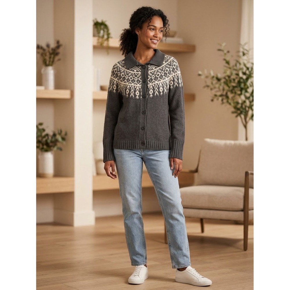 J. Jill Fair Isle Cardigan Sweater Size L Gray Cotton Blend Button Front